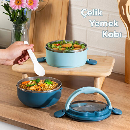 Porsima 66732 Stainless Steel Vakumlu Lunch Box İki Katlı Paslanmaz Çelik Kolay Kilitlenir Kendinden Kaşıklı Sefer Tası – 1000ml Mavi