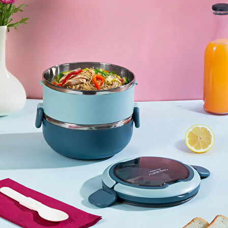 Porsima 66732 Stainless Steel Vakumlu Lunch Box İki Katlı Paslanmaz Çelik Kolay Kilitlenir Kendinden Kaşıklı Sefer Tası – 1000ml Mavi