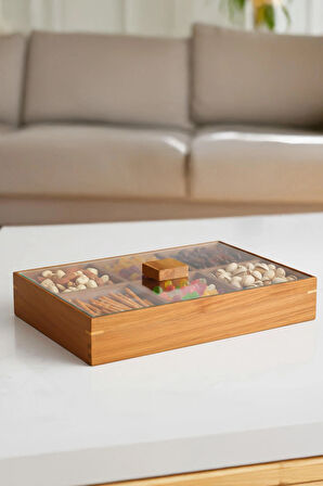 Porsima 76748 Akasya 6 Bölmeli Kapaklı Ahşap Bambu Çerezlik Sunumluk Saklama Kabı