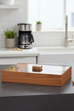 Porsima 76748 Akasya 6 Bölmeli Kapaklı Ahşap Bambu Çerezlik Sunumluk Saklama Kabı