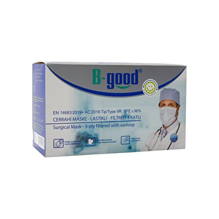 B-Good Cerrahi Maske Filtreli 3 Katlı Mavi Tekli Paket 50 Adet
