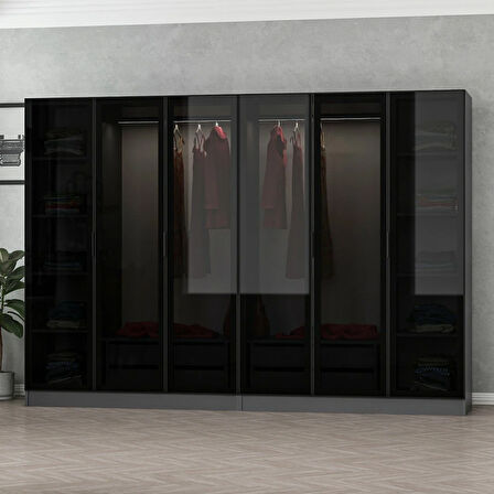 Minar Kale 6 Cam Kapaklı 4 Çekmeceli Dolap - Antrasit/Siyah 210CM