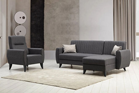 Alkon Sandıklı Bazalı L Köşe Koltuk + Berjer Set Koyu Gri