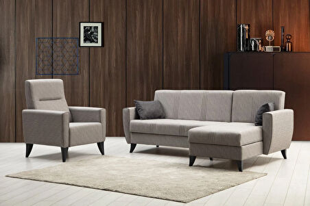 Zaden Sandıklı Bazalı L Köşe Koltuk + Berjer Set Açık Gri