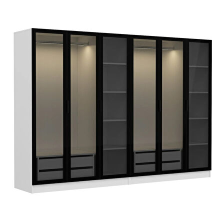 Minar Kale 6 Cam Kapaklı 4 Çekmeceli Dolap - Beyaz/Siyah 210CM