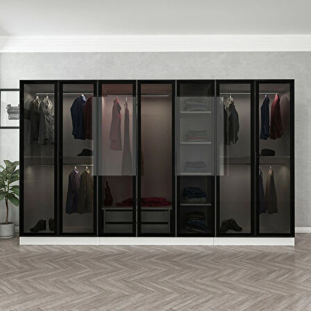 Minar Kale 7 Cam Kapaklı 2 Çekmeceli Dolap - Beyaz/Siyah 210CM