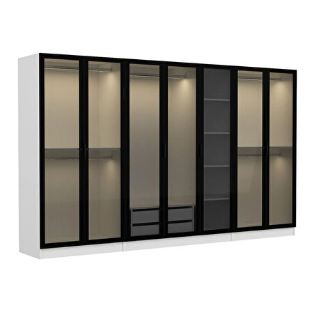 Minar Kale 7 Cam Kapaklı 2 Çekmeceli Dolap - Beyaz/Siyah 210CM