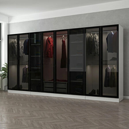 Minar Kale 8 Cam Kapaklı 2 Çekmeceli Dolap - Beyaz/Siyah 210CM