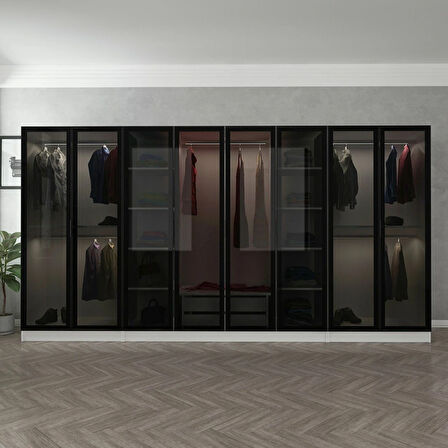 Minar Kale 8 Cam Kapaklı 2 Çekmeceli Dolap - Beyaz/Siyah 210CM