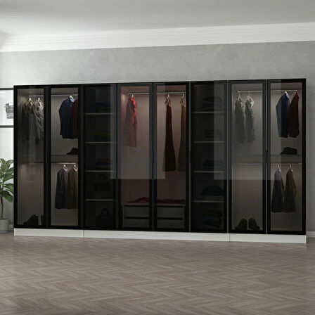 Minar Kale 8 Cam Kapaklı 2 Çekmeceli Dolap - Beyaz/Siyah 210CM