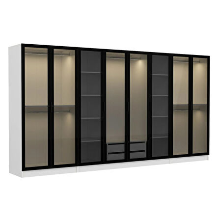 Minar Kale 8 Cam Kapaklı 2 Çekmeceli Dolap - Beyaz/Siyah 210CM