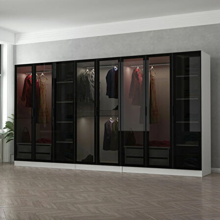 Minar Kale 8 Cam Kapaklı 4 Çekmeceli Dolap - Beyaz/Siyah 210CM