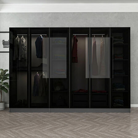 Minar Kale 6 Cam Kapaklı 2 Çekmeceli Dolap - Antrasit/Siyah 190CM