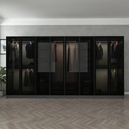 Minar Kale 8 Cam Kapaklı 2 Çekmeceli Dolap - Antrasit/Siyah 190CM