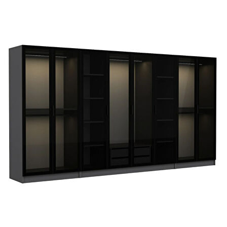 Minar Kale 8 Cam Kapaklı 2 Çekmeceli Dolap - Antrasit/Siyah 190CM