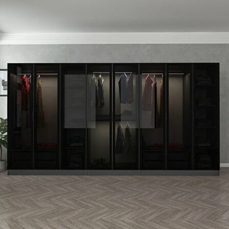 Minar Kale 8 Cam Kapaklı 4 Çekmeceli Dolap - Antrasit/Siyah 190CM