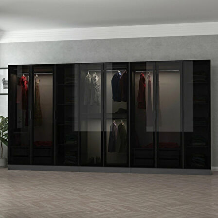 Minar Kale 8 Cam Kapaklı 4 Çekmeceli Dolap - Antrasit/Siyah 190CM