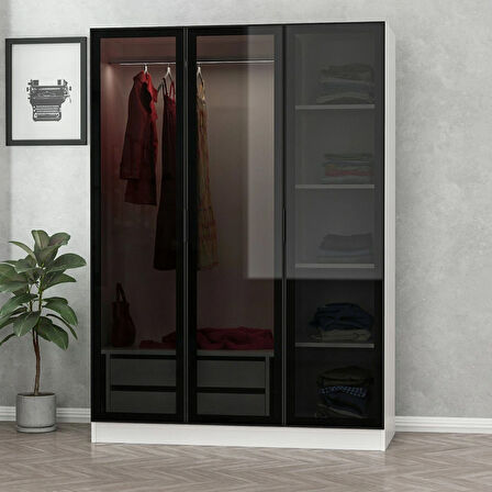 Minar Kale 3 Cam Kapaklı 2 Çekmeceli Dolap - Beyaz/Siyah 190CM