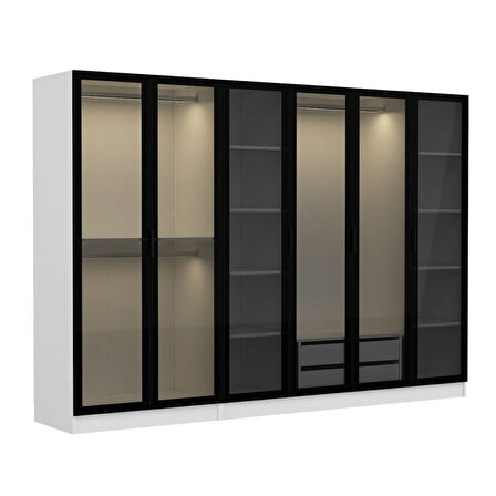 Minar Kale 6 Cam Kapaklı 2 Çekmeceli Dolap - Beyaz/Siyah 190CM