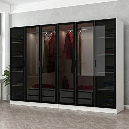 Minar Kale 6 Cam Kapaklı 4 Çekmeceli Dolap - Beyaz/Siyah 190CM