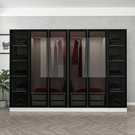 Minar Kale 6 Cam Kapaklı 4 Çekmeceli Dolap - Beyaz/Siyah 190CM