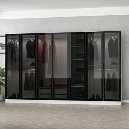 Minar Kale 7 Cam Kapaklı 2 Çekmeceli Dolap - Beyaz/Siyah 190CM