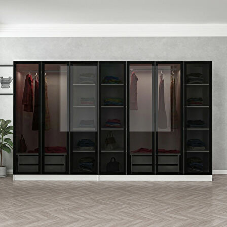 Minar Kale 7 Cam Kapaklı 4 Çekmeceli Dolap - Beyaz/Siyah 190CM