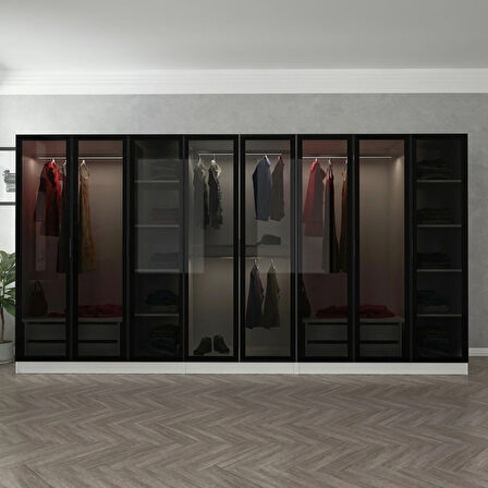 Minar Kale 8 Cam Kapaklı 4 Çekmeceli Dolap - Beyaz/Siyah 190CM