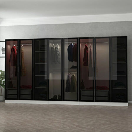 Minar Kale 8 Cam Kapaklı 4 Çekmeceli Dolap - Beyaz/Siyah 190CM