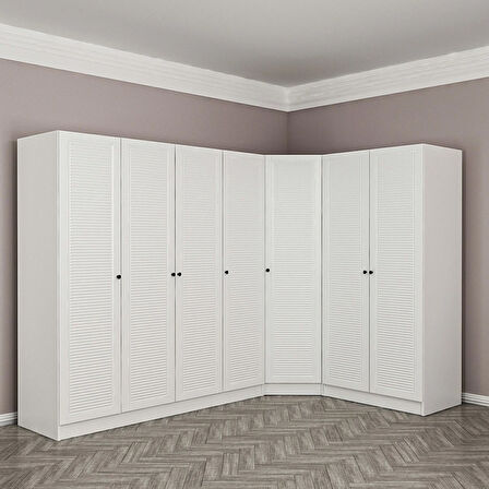 Minar Kale 7 Kapaklı 2 Çekmeceli Köşe Dolap Beyaz Mebran Panjur 190CM