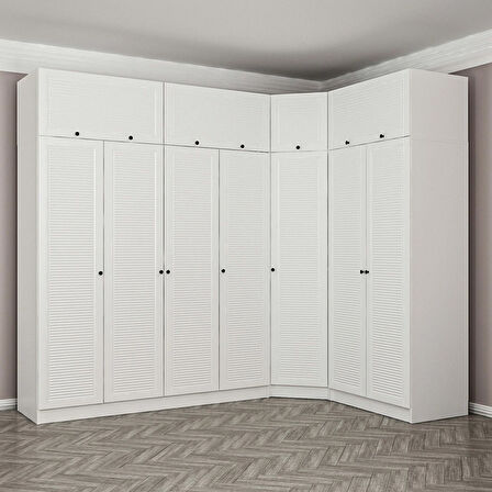 Minar Kale 7 Kapaklı 2 Ç Köşe Dolap + Yüklük Beyaz Mebran Panjur 190CM