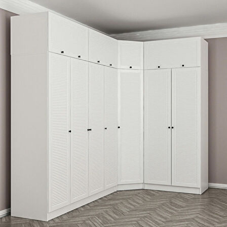 Minar Kale 7 Kapaklı 2 Ç Köşe Dolap + Yüklük Beyaz Mebran Panjur 190CM