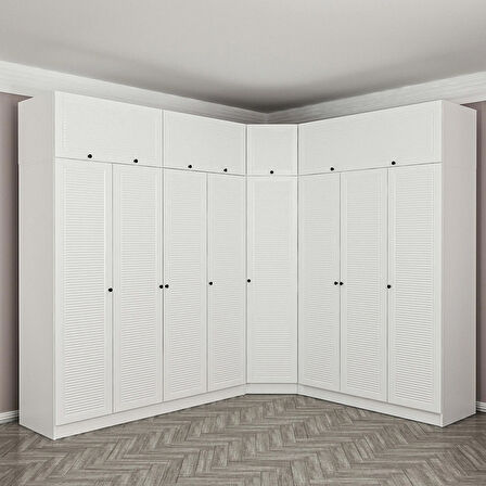 Minar Kale 8 Kapaklı 4 Ç Köşe Dolap + Yüklük Beyaz Mebran Panjur 190CM