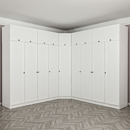 Minar Kale 9 Kapaklı 4 Ç Köşe Dolap + Yüklük Beyaz Mebran Panjur 190CM