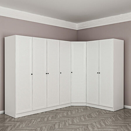 Minar Kale 7 Kapaklı 2 Çekmeceli Köşe Dolap Beyaz Mebran Panjur 210CM