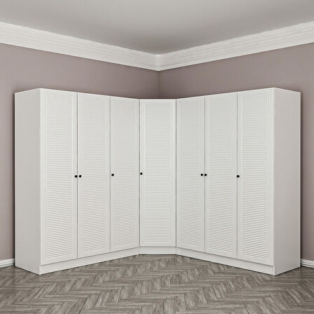 Minar Kale 7 Kapaklı 4 Çekmeceli Köşe Dolap Beyaz Mebran Panjur 210CM