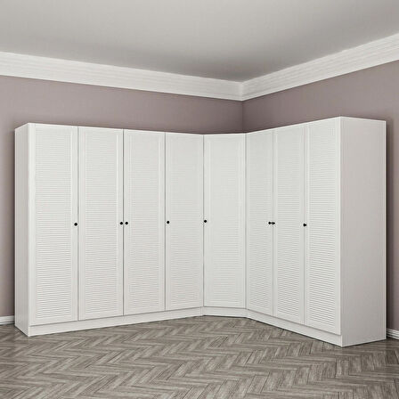 Minar Kale 8 Kapaklı 4 Çekmeceli Köşe Dolap Beyaz Mebran Panjur 210CM