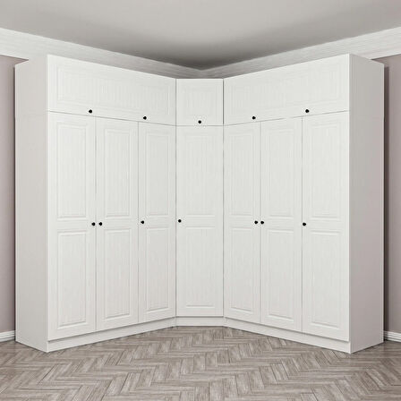 Minar Kale190 7 Kapaklı 4Ç Köşe Dolap + Yüklük Beyaz Mebran 235CM