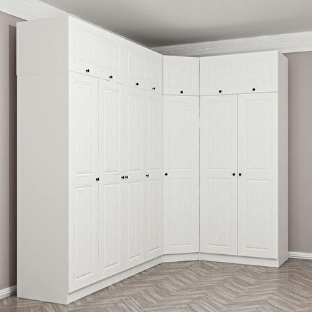 Minar Kale190 7 Kapaklı 2Ç Köşe Dolap + Yüklük Beyaz Mebran 255CM