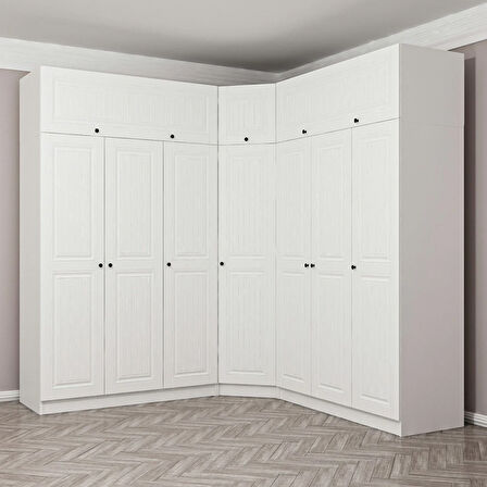 Minar Kale190 7 Kapaklı 4Ç Köşe Dolap + Yüklük Beyaz Mebran 255CM