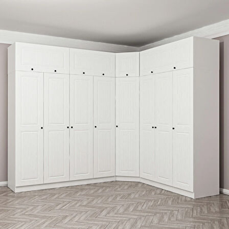 Minar Kale190 8 Kapaklı 4Ç Köşe Dolap + Yüklük Beyaz Mebran 255CM