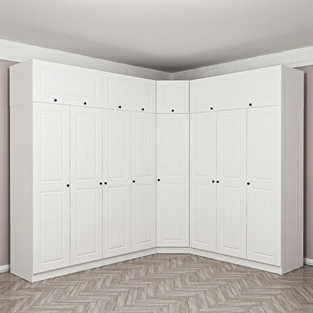 Minar Kale190 8 Kapaklı 4Ç Köşe Dolap + Yüklük Beyaz Mebran 255CM