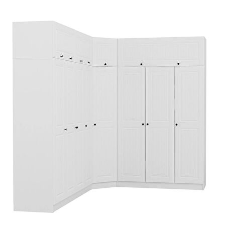 Minar Kale190 8 Kapaklı 4Ç Köşe Dolap + Yüklük Beyaz Mebran 255CM