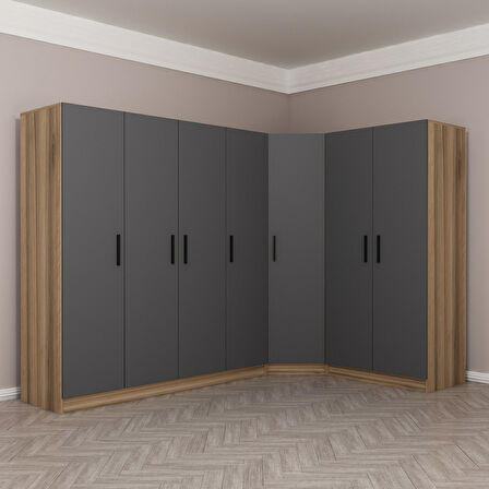 Minar Kale 7 Kapaklı 2 Ç Köşe Dolap Dore Antrasit 190CM