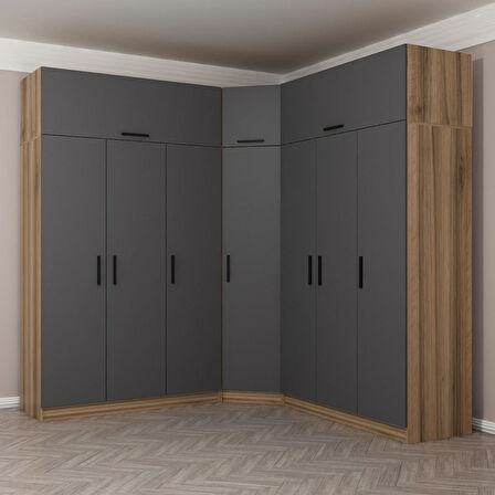 Minar Kale 7 Kapaklı 4 Ç Köşe Dolap + Yüklük Dore Antrasit 235CM