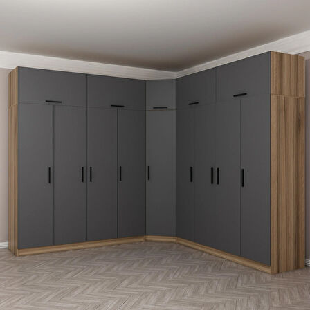 Minar Kale 9 Kapaklı 4 Ç Köşe Dolap + Yüklük Dore Antrasit 235CM