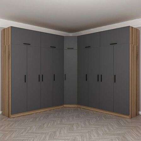 Minar Kale 9 Kapaklı 4 Ç Köşe Dolap + Yüklük Dore Antrasit 235CM