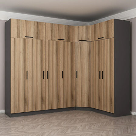 Minar Kale 7 Kapaklı 2 Ç Köşe Dolap + Yüklük Antrasit Dore 235CM