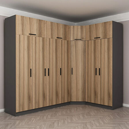 Minar Kale 7 Kapaklı 2 Ç Köşe Dolap + Yüklük Antrasit Dore 235CM