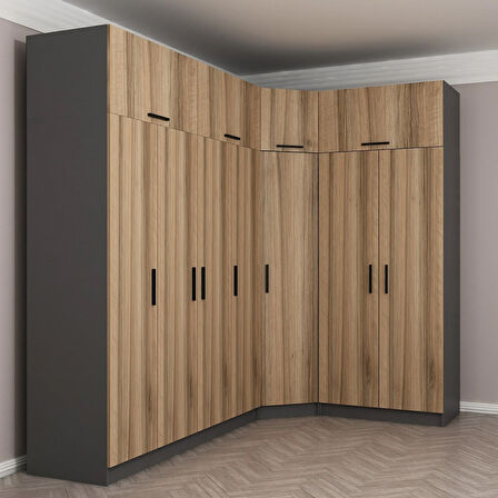 Minar Kale 7 Kapaklı 2 Ç Köşe Dolap + Yüklük Antrasit Dore 235CM